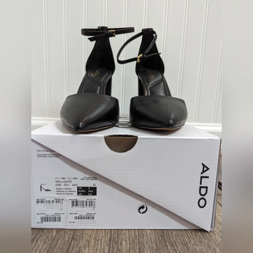 Aldo Size 8 Black Leather Block Heels Pumps Ankle Strap Padded Insole - Picture 2 of 7